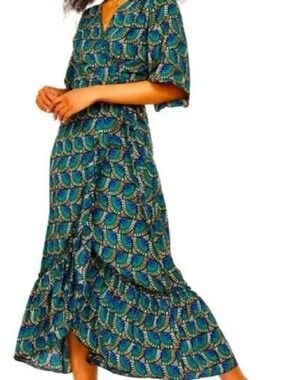 Silk & Salt Women Viscose Blue Green Patterned Wrap Maxi Dress African Peacock S